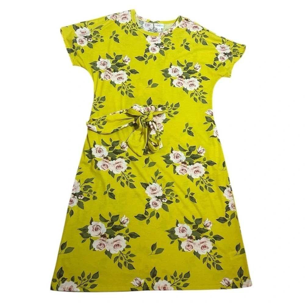 Lularoe Golden Yellow Floral Belted Marly Dress w/ Pockets Womens Size Medium - Picture 2 of 12